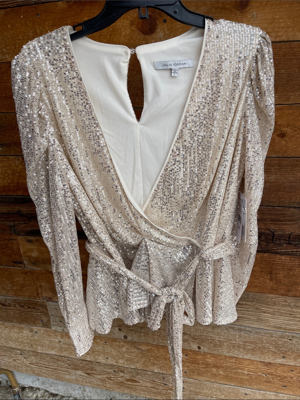 Julia Jordan Sequin Wrap Blouse Women’s Large Champagne Long SleeveTie Waist NWT